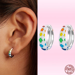 Colorful Rainbow Chequered Earrings 925 Sterling Silver