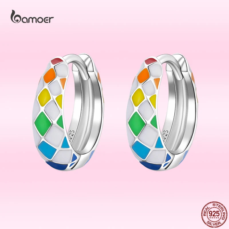 Colorful Rainbow Chequered Earrings 925 Sterling Silver