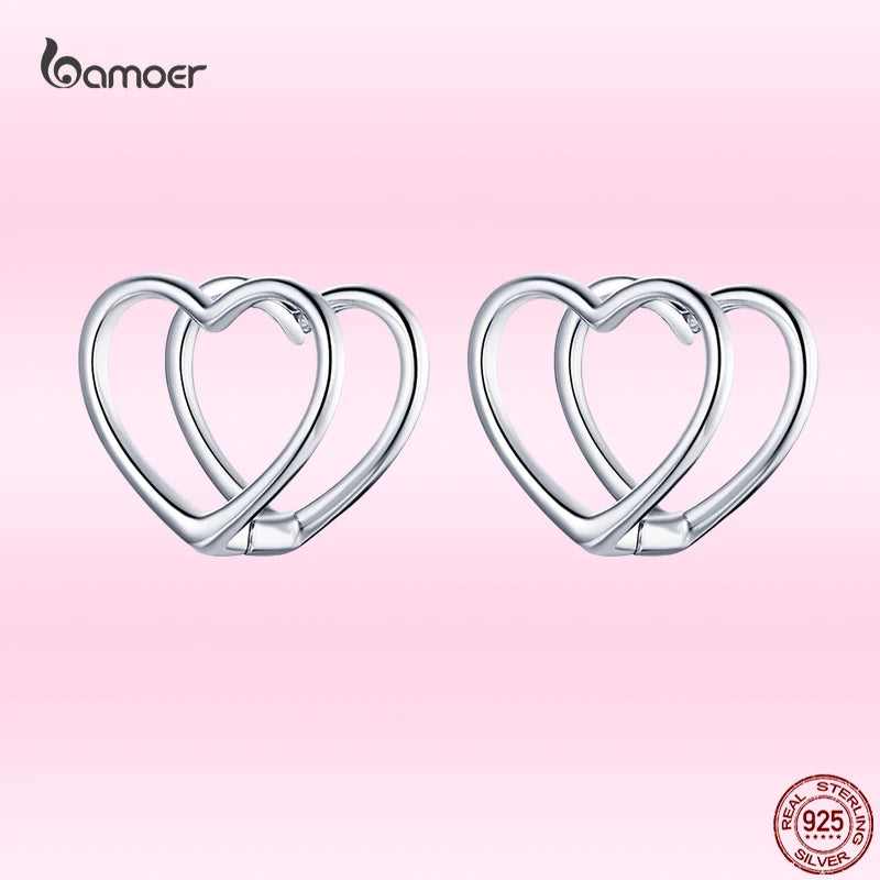 Double Heart Earrings 925 Sterling Silver Piercing Earrings