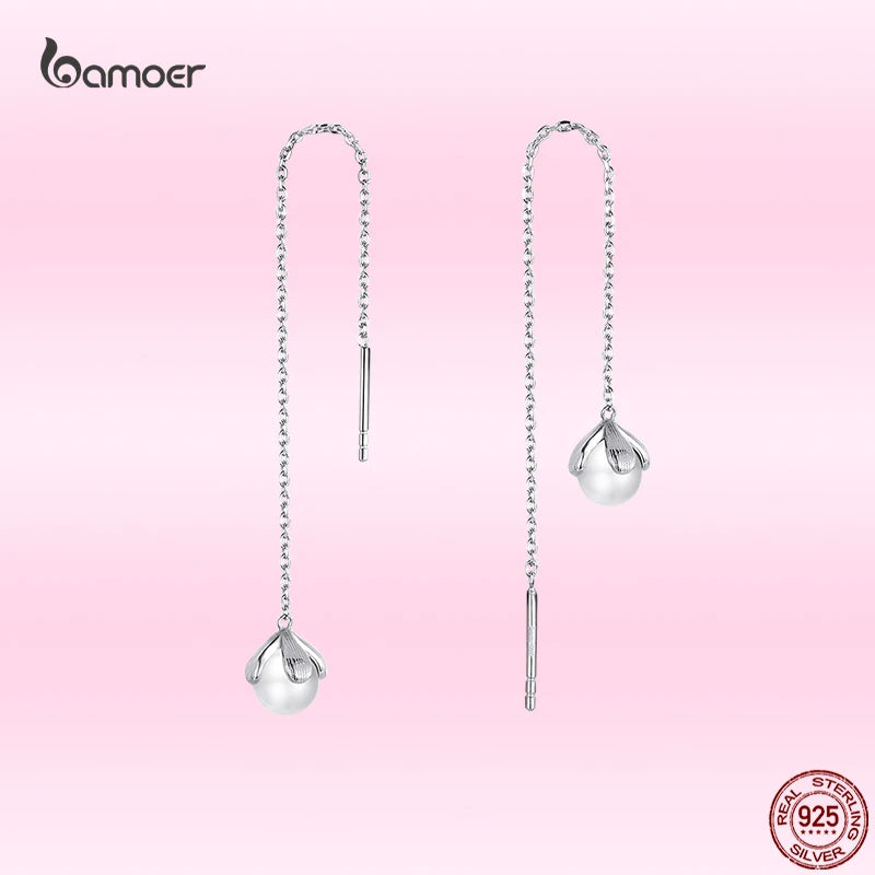 925 Silver String Earrings Tassle Pearl Flower Asymmetric Dangle Earrings