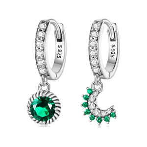 925 Silver Asymmetric Sun&Moon Hoop Earring Zircon Drop Earring