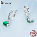 925 Silver Asymmetric Sun&Moon Hoop Earring Zircon Drop Earring