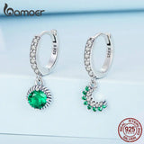 925 Silver Asymmetric Sun&Moon Hoop Earring Zircon Drop Earring