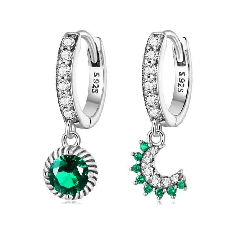 925 Silver Asymmetric Sun&Moon Hoop Earring Zircon Drop Earring