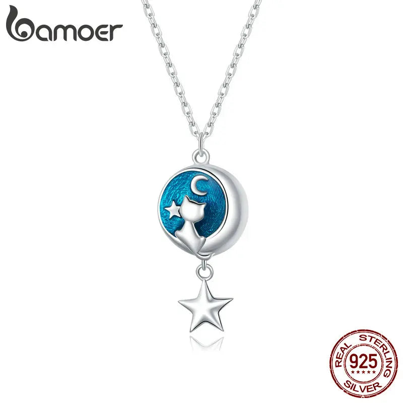 925 Silver Moon & Cat Pendant Necklace Star Chain for Women