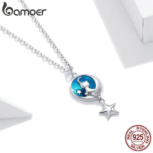 925 Silver Moon & Cat Pendant Necklace Star Chain for Women