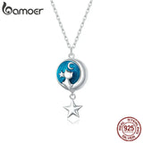 925 Silver Moon & Cat Pendant Necklace Star Chain for Women
