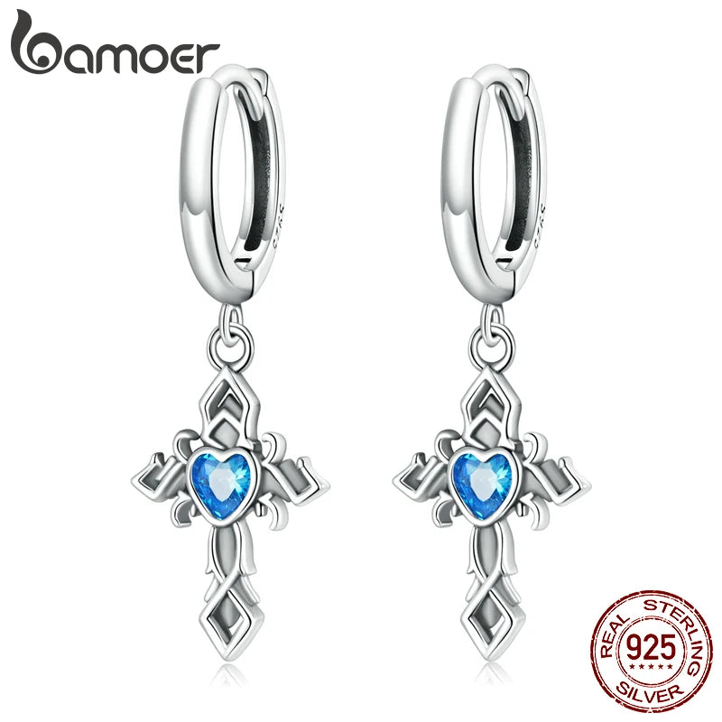 925 Silver Vintage Cross Drop Pendant Ear Buckles