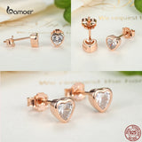 925 Silver Heart Shape Stud Earrings Rose Plated Jewelry for Women