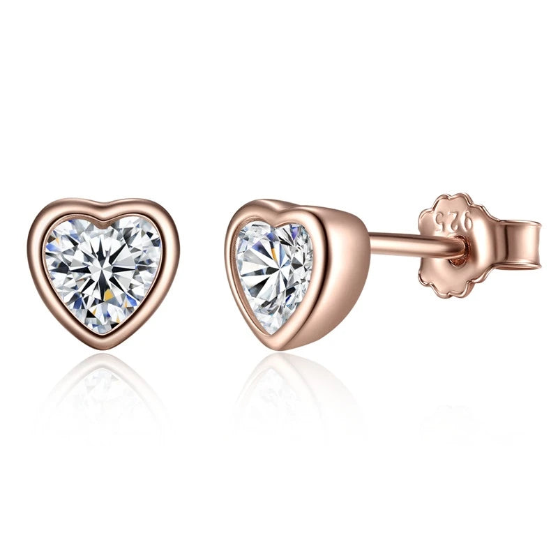 925 Silver Heart Shape Stud Earrings Rose Plated Jewelry for Women