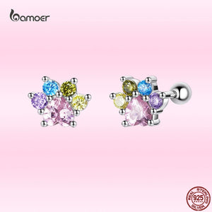 925 Silver Colorful Zircon Paw Ear Studs Earrings Animal Studs