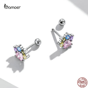 925 Silver Colorful Zircon Paw Ear Studs Earrings Animal Studs
