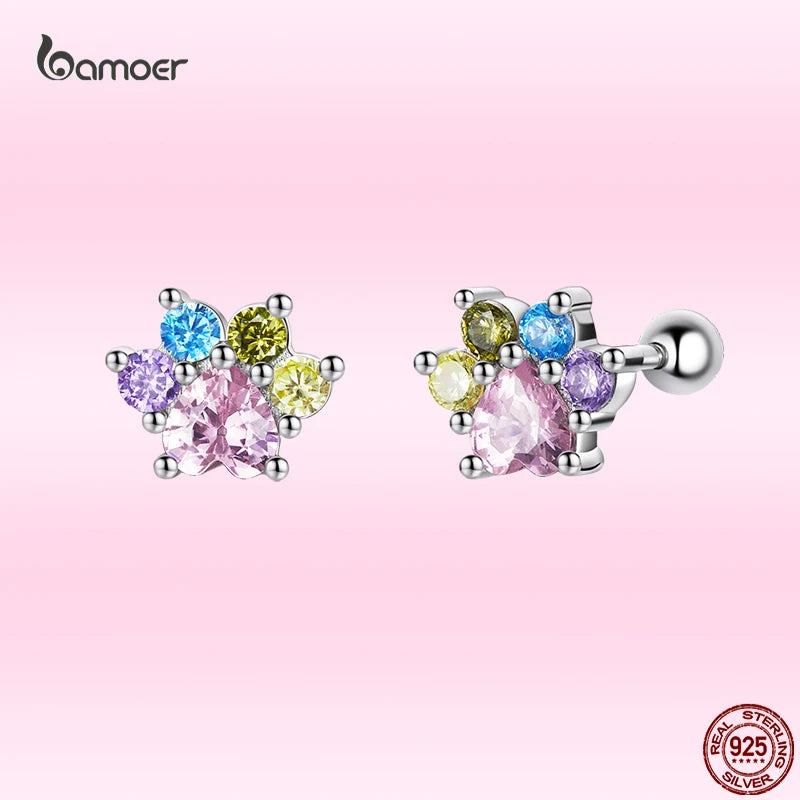 925 Silver Colorful Zircon Paw Ear Studs Earrings Animal Studs