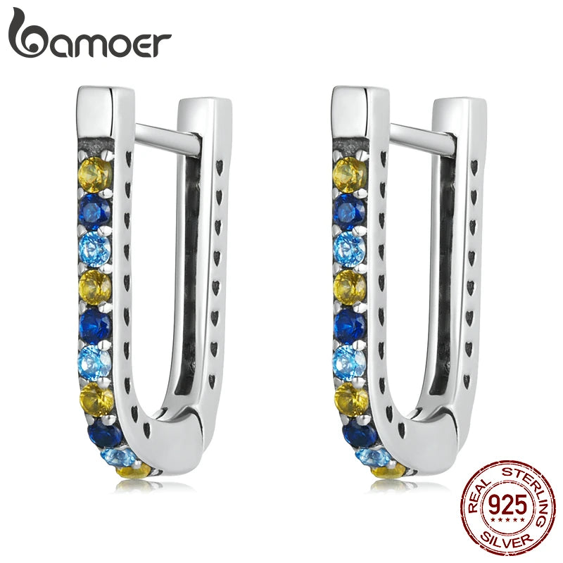 Bamoer 925 Silver Zircon U-shaped Hollow Ear Buckles Women Boho Earrings