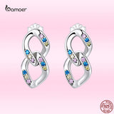 925 Silver Double Ring Chain Ear Studs Earrings Zircon Pendant