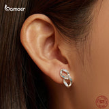 925 Silver Double Ring Chain Ear Studs Earrings Zircon Pendant