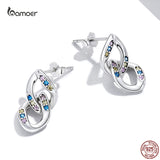 925 Silver Double Ring Chain Ear Studs Earrings Zircon Pendant