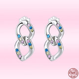 925 Silver Double Ring Chain Ear Studs Earrings Zircon Pendant