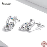 925 Silver Double Ring Chain Ear Studs Earrings Zircon Pendant