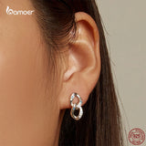925 Silver Double Ring Chain Ear Studs Earrings Zircon Pendant