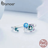 925 Silver Enamel Flower Open Finger Ring Colorful Zircon Adjustable Jewelry
