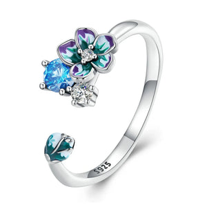 925 Silver Enamel Flower Open Finger Ring Colorful Zircon Adjustable Jewelry
