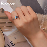 925 Silver Enamel Flower Open Finger Ring Colorful Zircon Adjustable Jewelry