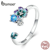 925 Silver Enamel Flower Open Finger Ring Colorful Zircon Adjustable Jewelry