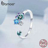 925 Silver Enamel Flower Open Finger Ring Colorful Zircon Adjustable Jewelry