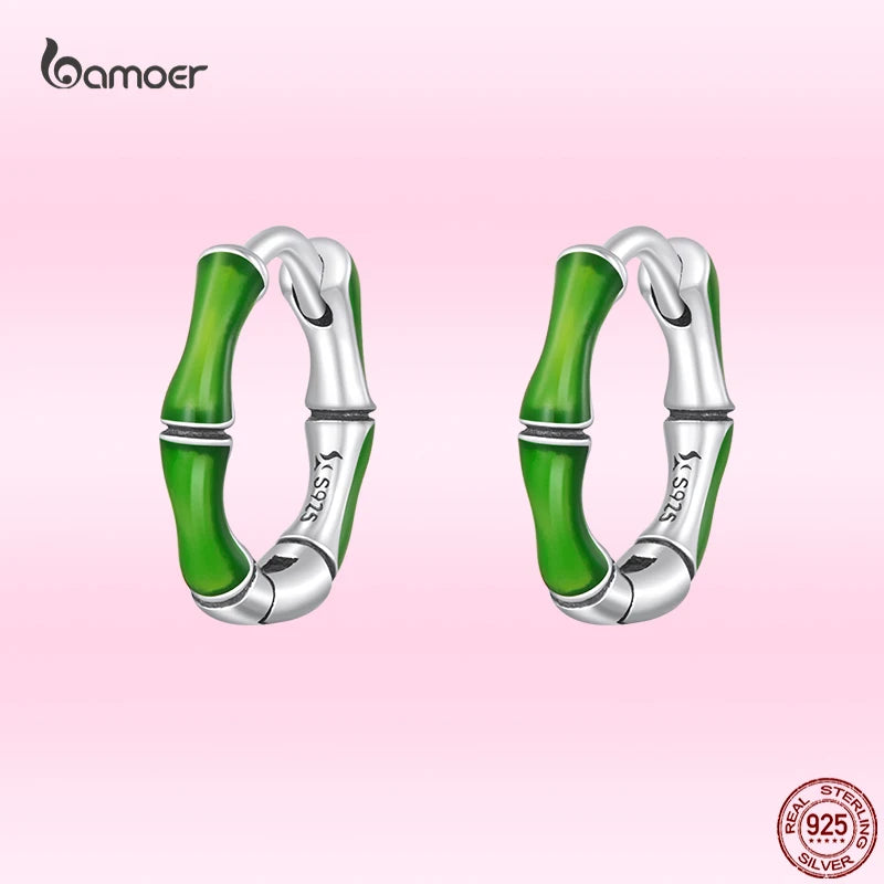 925 Silver Fresh Bamboo Earrings Green Plants Ear Buckles