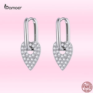 925 Silver Heart Square Ear Buckles Love Pendant Earrings