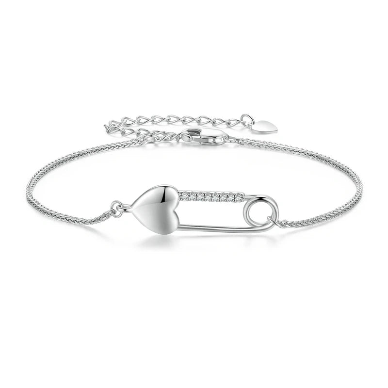 925 Silver Heart Button Pin Bracelet Snake Chain Flexible Women
