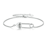 925 Silver Heart Button Pin Bracelet Snake Chain Flexible Women