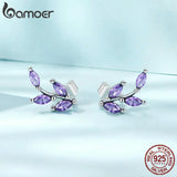 Bamoer 925 Silver Purple Branch Stud Earrings for Women Fine Jewelry Ear Studs