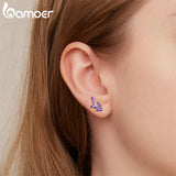 Bamoer 925 Silver Purple Branch Stud Earrings for Women Fine Jewelry Ear Studs