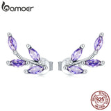 Bamoer 925 Silver Purple Branch Stud Earrings for Women Fine Jewelry Ear Studs