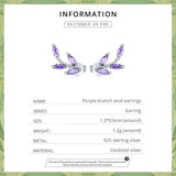 Bamoer 925 Silver Purple Branch Stud Earrings for Women Fine Jewelry Ear Studs