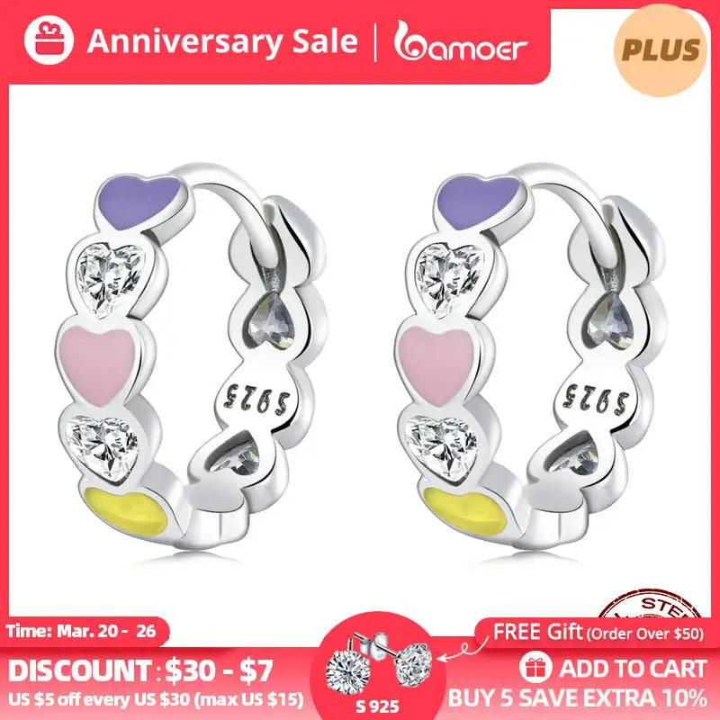 925 Silver Rainbow Love Heart Hoop Earring for Women Fine Jewelry