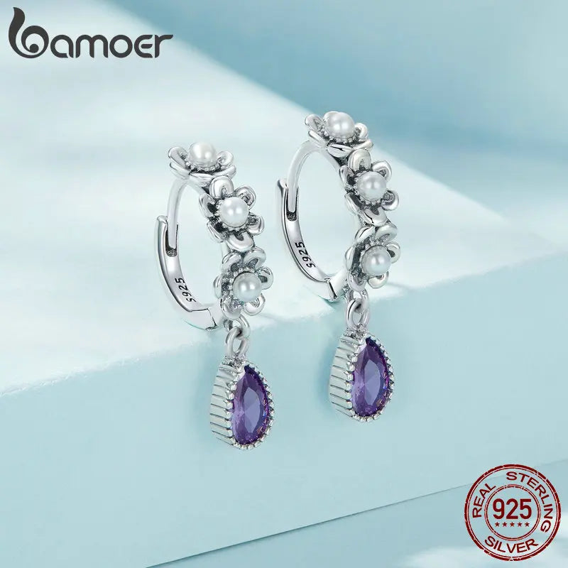 925 Silver Flower Hoop Earrings Purple CZ Drop Earrings Women
