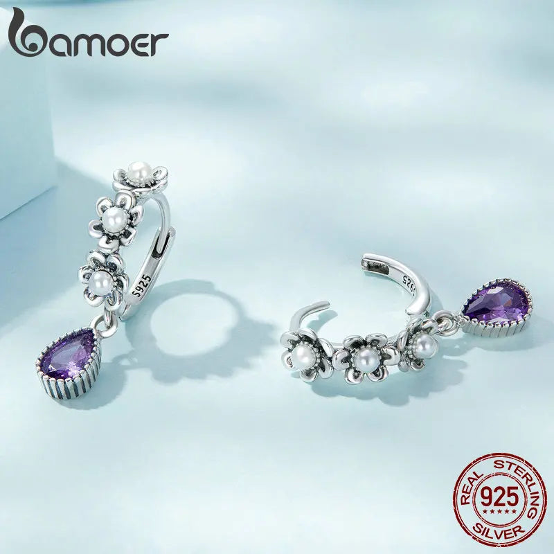 925 Silver Flower Hoop Earrings Purple CZ Drop Earrings Women