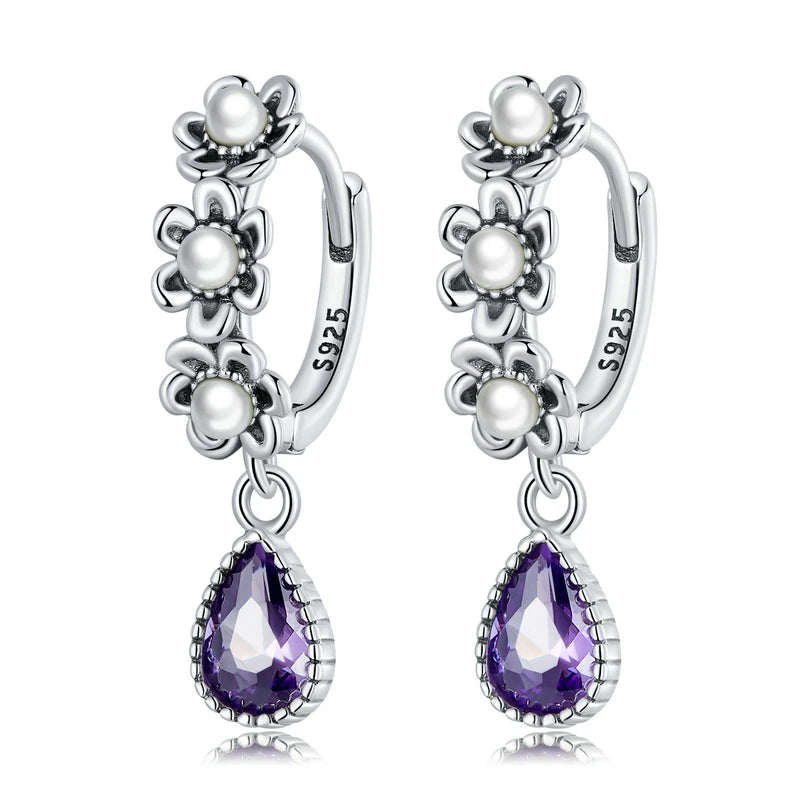 925 Silver Flower Hoop Earrings Purple CZ Drop Earrings Women