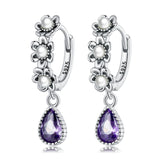 925 Silver Flower Hoop Earrings Purple CZ Drop Earrings Women