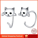 Sterling Silver Mini Cat Stud Earrings Animal Tail Ear Studs