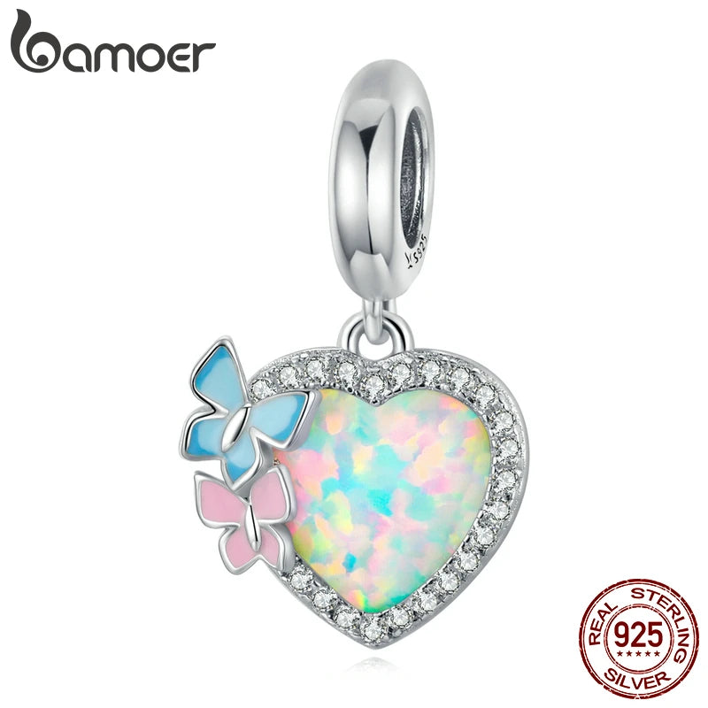 925 Silver Butterfly Opal Heart Charm Pendant, Bracelet & Bangle Jewelry Gift