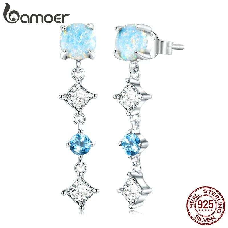 925 Silver Opal Earrings Sparkling Zircon Linear Dangle Jewelry