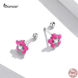 925 Silver Pink Flower Earrings Romantic Ear Studs