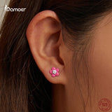 925 Silver Pink Flower Earrings Romantic Ear Studs