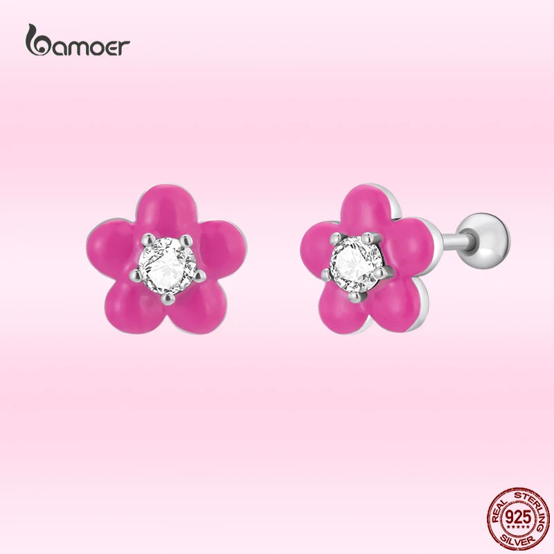 925 Silver Pink Flower Earrings Romantic Ear Studs