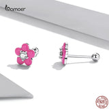 925 Silver Pink Flower Earrings Romantic Ear Studs