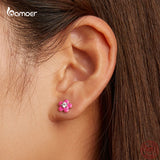 925 Silver Pink Flower Earrings Romantic Ear Studs